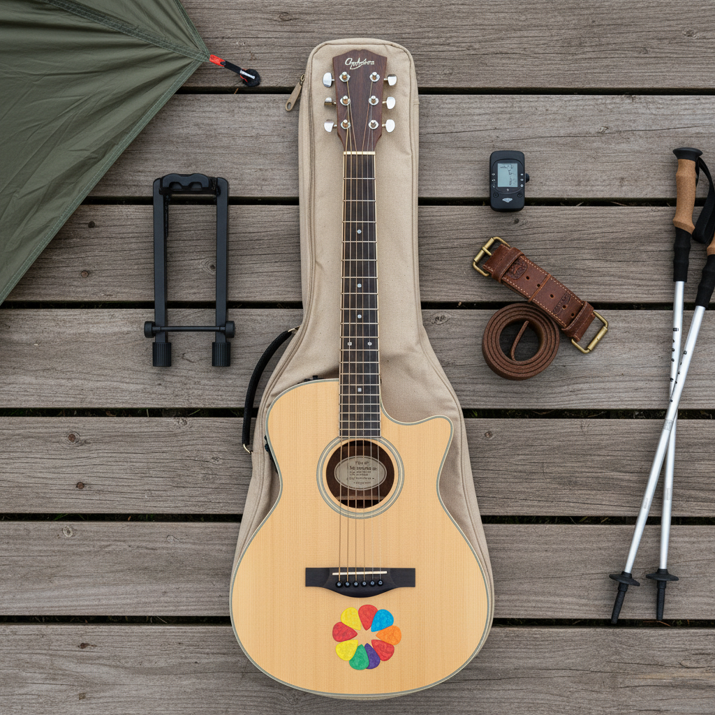 A close-up, top-down view of a neatly packed outdoor music kit laid out on a weathered wooden deck: a slim acoustic guitar in a soft beige gig bag, a compact clip-on tuner, a leather strap, a small folding stand, and a set of color-coded picks. A corner of a lightweight tent floor and a pair of trekking poles appear at the edges, hinting at a campsite just beyond the frame. Soft, diffused morning light from an overcast sky creates even illumination with gentle shadows, emphasizing textures and materials. Photographic realism, flat-lay composition with a clean, organized, sophisticated aesthetic emphasizing portability and readiness for outdoor music.