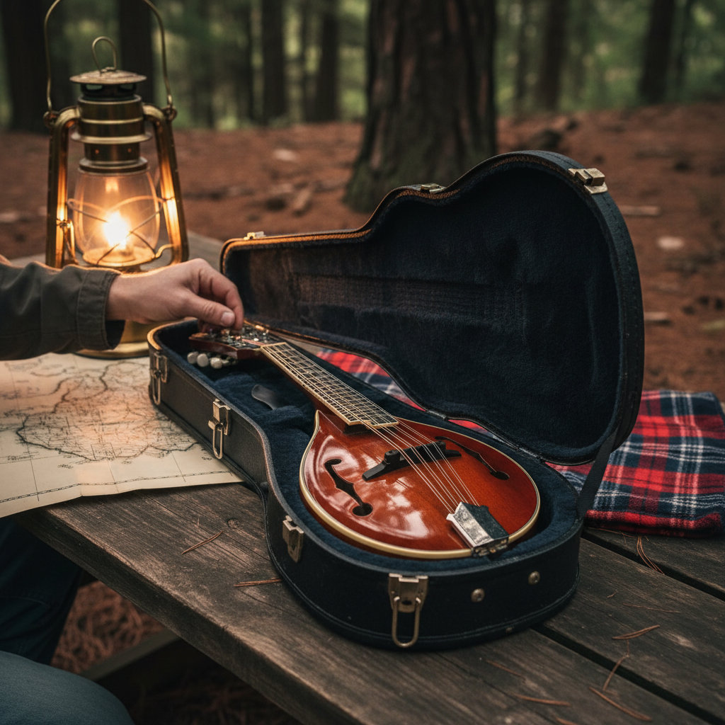 A detailed close-up of a polished mahogany mandolin resting inside an open, soft-shell case on a wooden picnic table. The instrument’s glossy surface reflects the warm glow of a nearby lantern, suggesting early evening in a forest campsite. Only a single hand is visible, gently adjusting the tuning pegs, with the rest of the arm fading out of frame. Pine needles, a folded map, and a lightweight plaid blanket occupy the softly focused background, along with hints of surrounding trees. Photographic realism, side-lit with warm, directional light that creates gentle shadows and emphasizes curves and hardware, conveying a refined yet cozy outdoor playing atmosphere.
