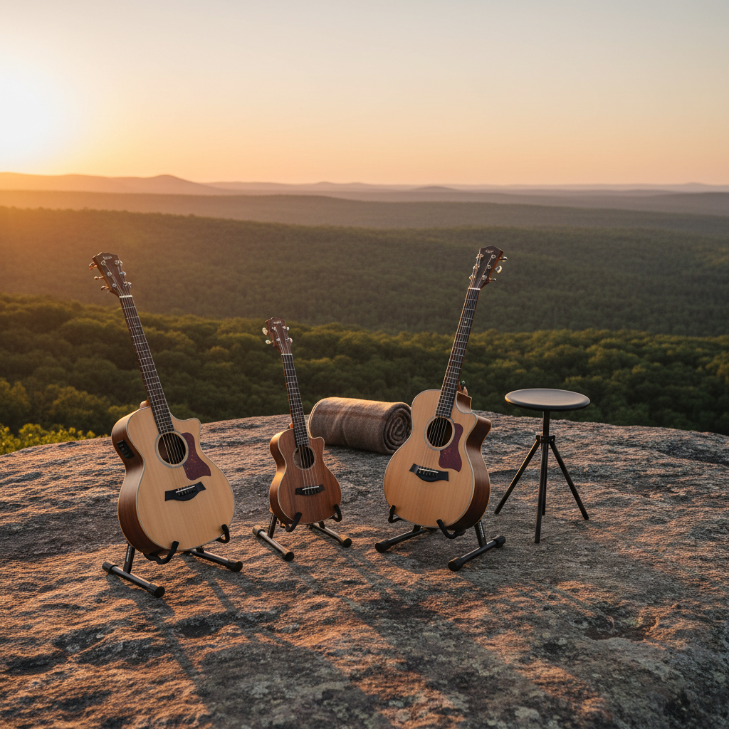 A small collection of acoustic instruments—an understated steel-string guitar, a compact travel-sized guitar, and a slim-bodied ukulele—arranged in a semi-circle on individual lightweight stands atop a flat rock outcrop overlooking a valley of dense green forest. Each instrument features natural wood tones and clean, modern design details. Late afternoon sun bathes the scene in warm light, casting elongated shadows and emphasizing the contours of the instruments. A rolled-up blanket and a minimalist portable stool sit just behind them. Photographic realism, wide cinematic composition with sharp focus throughout, capturing a sophisticated, aspirational mood of shared outdoor music experiences.