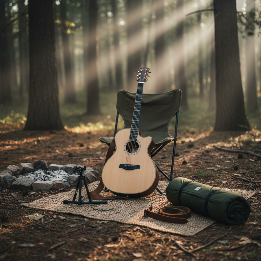 A minimal, elegantly designed acoustic guitar leaning against a sturdy canvas camp chair beside a small, extinguished fire ring on a forest clearing. The guitar features a satin-finished light spruce top, dark ebony fretboard, and a simple, tasteful rosette, all rendered with crisp detail. A neatly rolled sleeping bag, a compact portable stand, and a leather strap are arranged nearby on a woven outdoor rug. Early morning light filters through the trees, creating dappled patterns on the ground and subtle highlights along the guitar’s edges. Photographic realism, wide-angle composition at eye level with moderate depth of field, evoking a sophisticated, tranquil pre-dawn outdoor music moment.