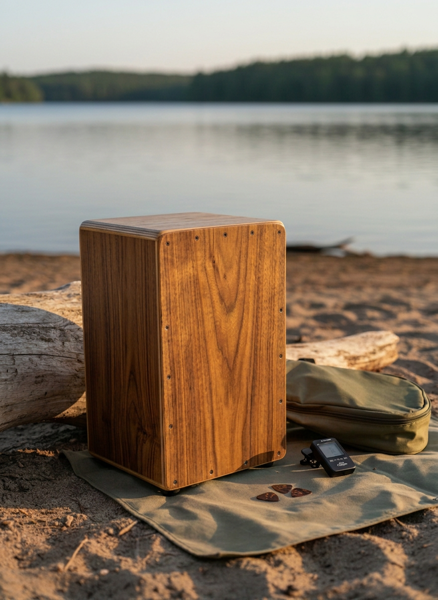 アコースティック楽器 A compact natural-wood ukulele with matte finish stands upright against a smooth driftwood log on a lakeside shore. Its simple, elegant rosette and finely wound strings are in crisp focus, while a lightweight canvas gig bag, picks, and a small clip-on tuner are arranged thoughtfully beside it on a sand-colored groundsheet. Late afternoon sunlight glows across the scene, casting long, soft shadows and subtle reflections on the instrument’s curves. The lake and distant tree line blur gently into the background. Photographic realism, rule-of-thirds composition from a slightly elevated angle, with a calm, sophisticated atmosphere that suggests easygoing outdoor music by the water.