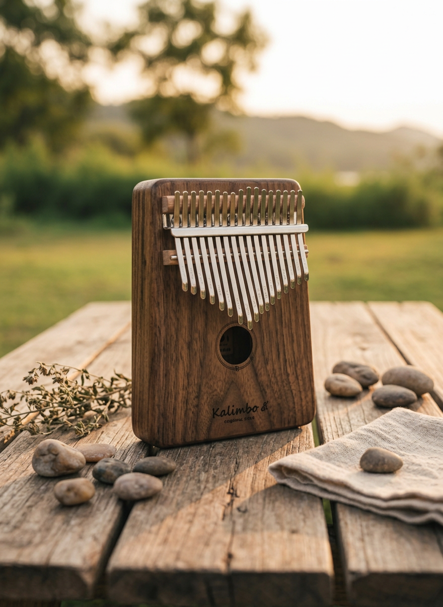 アコースティック楽器 Close-up of a pair of slender, natural-colored wooden mallets poised above a compact, portable wooden xylophone with smooth, rounded bars, set on a rustic outdoor wooden table. Only the hands are visible, with neutral-toned sleeves, captured mid-motion as if about to strike a note. Soft overcast daylight creates diffused, even lighting, emphasizing the subtle texture of the wood and the precision of the instrument. In the blurry background, hints of a campsite—folding chairs, a small lantern, and greenery—suggest a relaxed outdoor gathering. Photographic realism, shot from a low, intimate angle with shallow depth of field, conveying a focused yet leisurely mood.